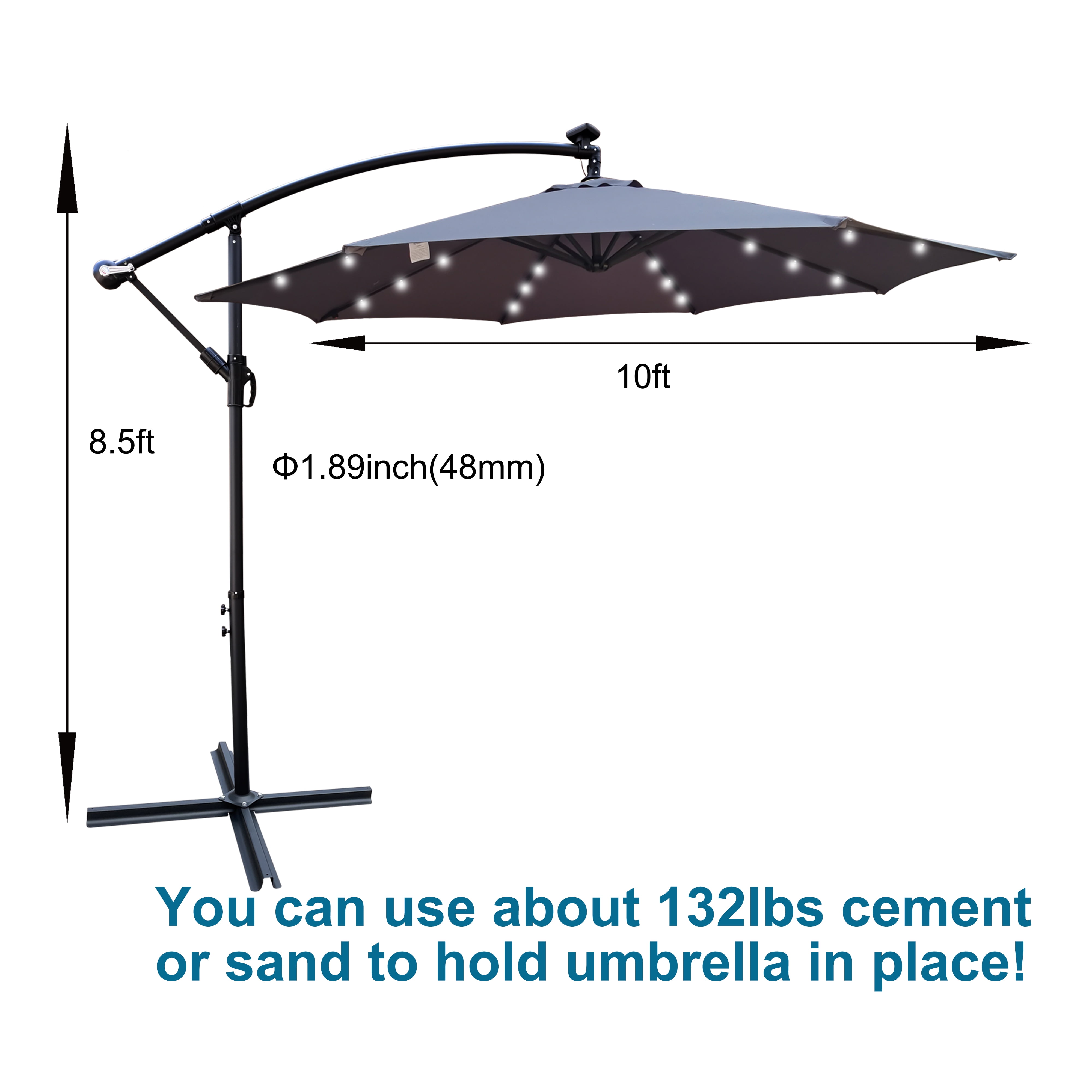 Royard Oaktree 10FT Patio Offset Umbrella w/Solar LED Lights Outdoor Cantilever Hanging Umbrella w/Crank & Cross Base UV Protection Sun Shade for Market Garden Lawn Deck Backyard Pool,Medium grey