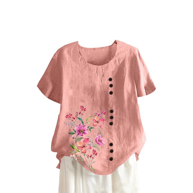 Camisetas de Manga Corta para las Mujeres Botón de Impresión Casual Cuello Redondo Camiseta Superior, Blusas para las Mujeres Casual