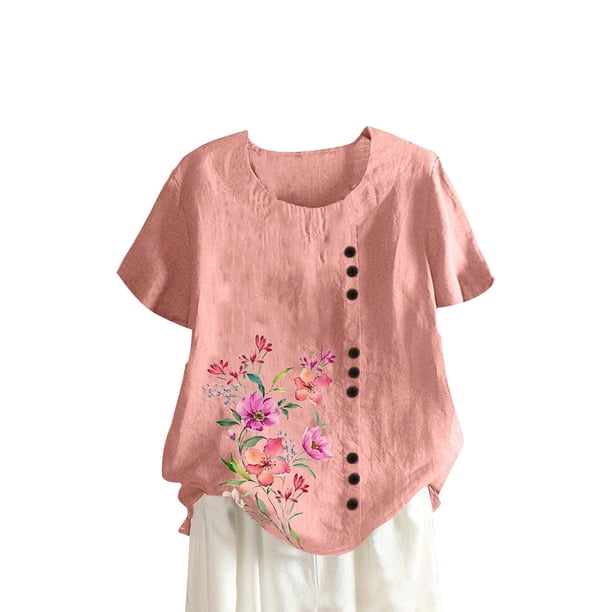 Camisetas de Manga Corta para las Mujeres Botón de Impresión Casual Cuello Redondo Camiseta Superior, Blusas para las Mujeres Casual