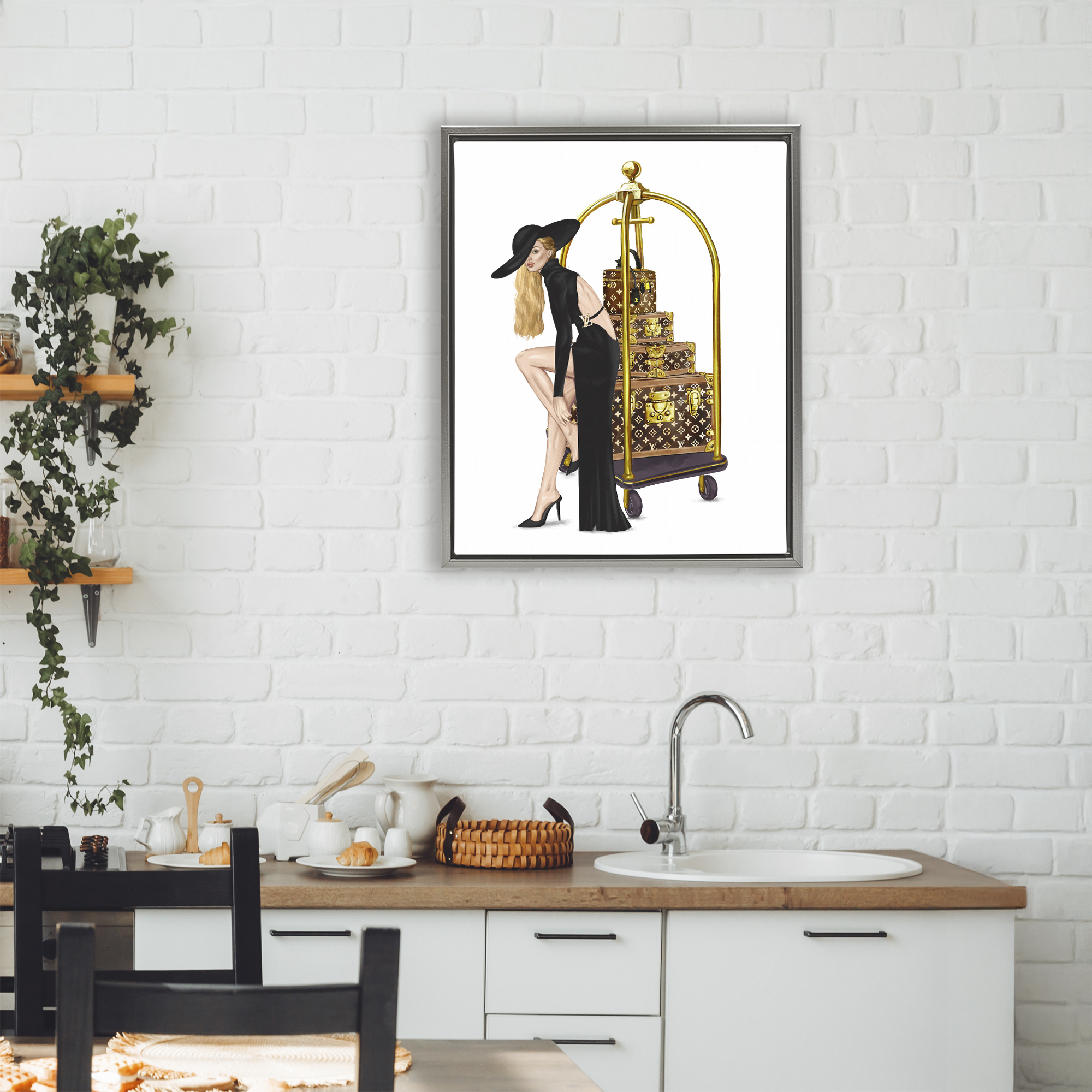 Fashionista with Hotel Luggage Gray Framed Floater Canvas Wall Art, design by Ziwei Li