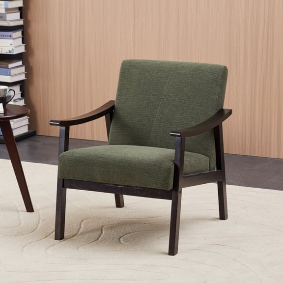 HUJHKIO Accent Chair, Mid-Century Modern Chair with Soft Cushion, Upholstered Lounge Arm Chair with Solid Wood Frame for Living Room, Bedroom, Balcony, Dark Green