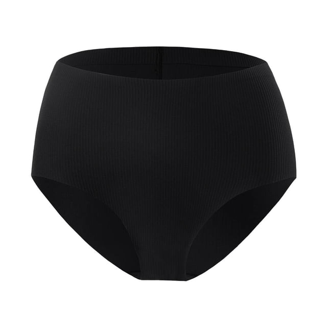 faja secret treasures para mujer, moldeadora negra talla ch, ropa interior de cintura alta con vista frontal centrada; tejido negro acanalado, pretina ancha antideslizante, corte tipo braga y control moderado en abdomen y cintura; fondo blanco neutro; también suele usarse como capa base para ropa ceñida.