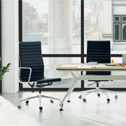Cottinch Ribbed Genuine Leather Office Chair, High Back Executive Conference Chair Adjustable Ergonomic Computer Chair Blue 1PC