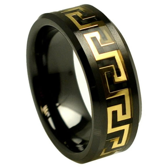 8mm Ceramic with Gold plated Greek Key Over Black Carbon Fiber Inlay Wedding Band Ring For Men Or Ladies