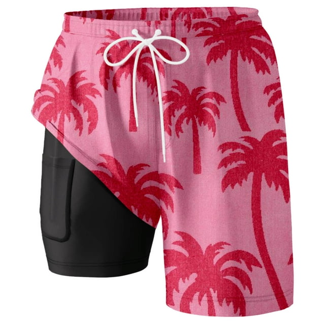 Board Shorts Male Swim Trunks With Liner Inseam Board Shorts Bathing Suit With Pockets Beach Shorts Men Pink XXL