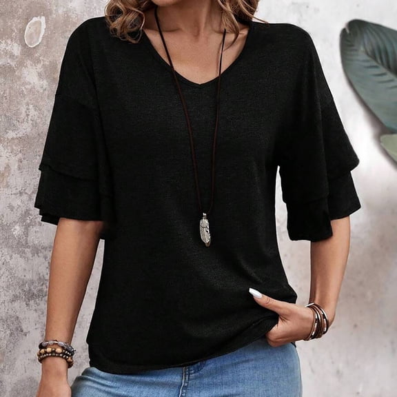 Tittly T Shirts for Women V Neck T Shirts for Women Womens Casual Blouses Summer Fashion Clothes Double Tiered Half Bell Sleeve Top Crewneck Loose Fit T Shirts Tshirts Shirts Womens Tops Black L