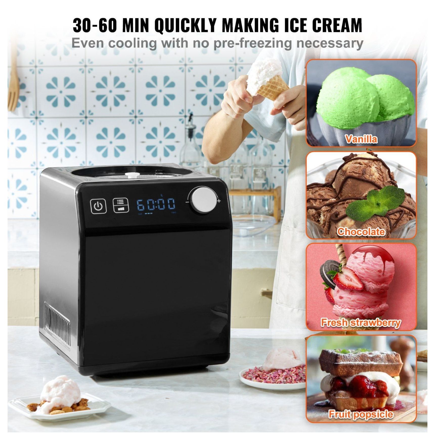 Ice Cream Maker, 2 Quart Automatic with Compressor - No Pre-freeze, Fruit Yogurt & Sorbet Machine, Digital Display, 4 Modes, Stainless Steel Gelato Maker