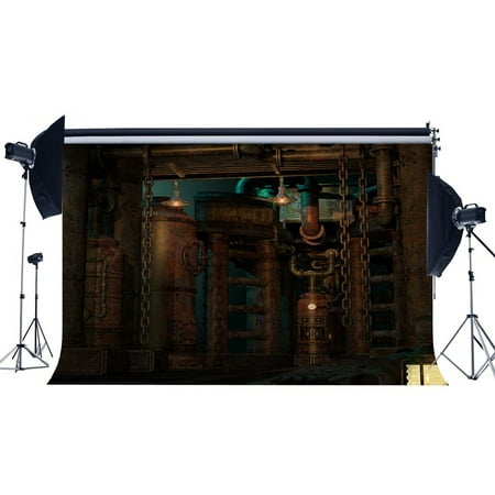 Interior Lantern Lighting ABPHOTO Polyester 7x5ft Steampunk Backdrop Vintage Metal Gears Industrial Rusty Pillars Gloomy Wall Lantern Grunge Marble Floor Interior Photography Background Adults Photo Studio Props ()