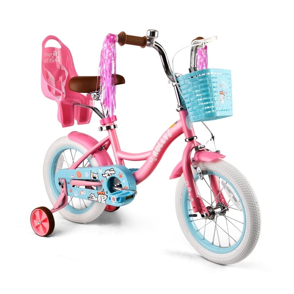 Rully 14 inch Girls Bike with Basket, Doll Seat and Training Wheels, Pink Kids Bicycle for Ages 3-5