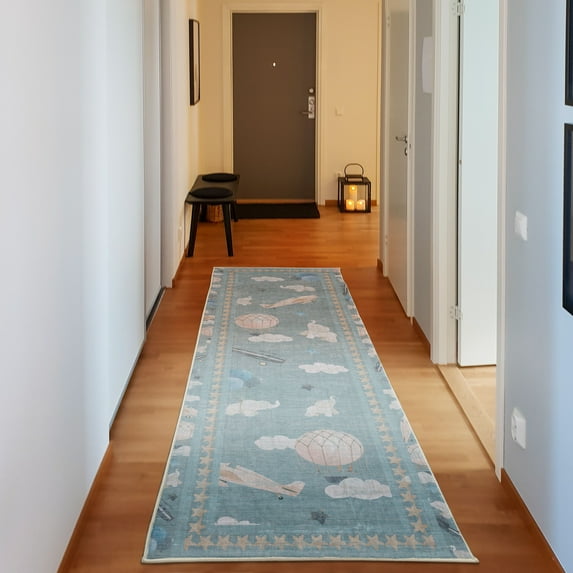 Cartoon Decorative Rug, Vintage Air Planes Hot Air Balloons Flying Happy Animal Clouds and Stars, Quality Carpet for Bedroom Dorm and Living Room, 6 Sizes, Baby Blue, by Ambesonne