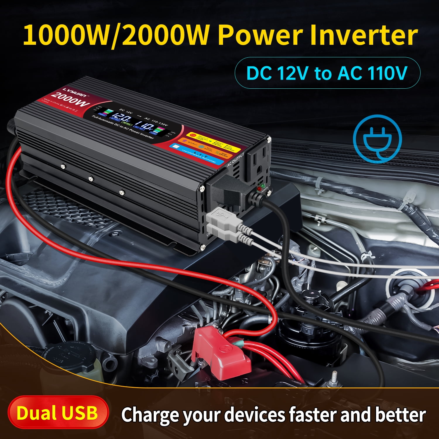 LVYUAN 1000W 2000W Modified Sine Wave Peak Power Inverter, 12V DC to 110V AC Car Inverter with Dual USB & AC Outlets, LCD Display, Black for RV, Truck, Camping, Travel (Inversor de Energía para Auto)