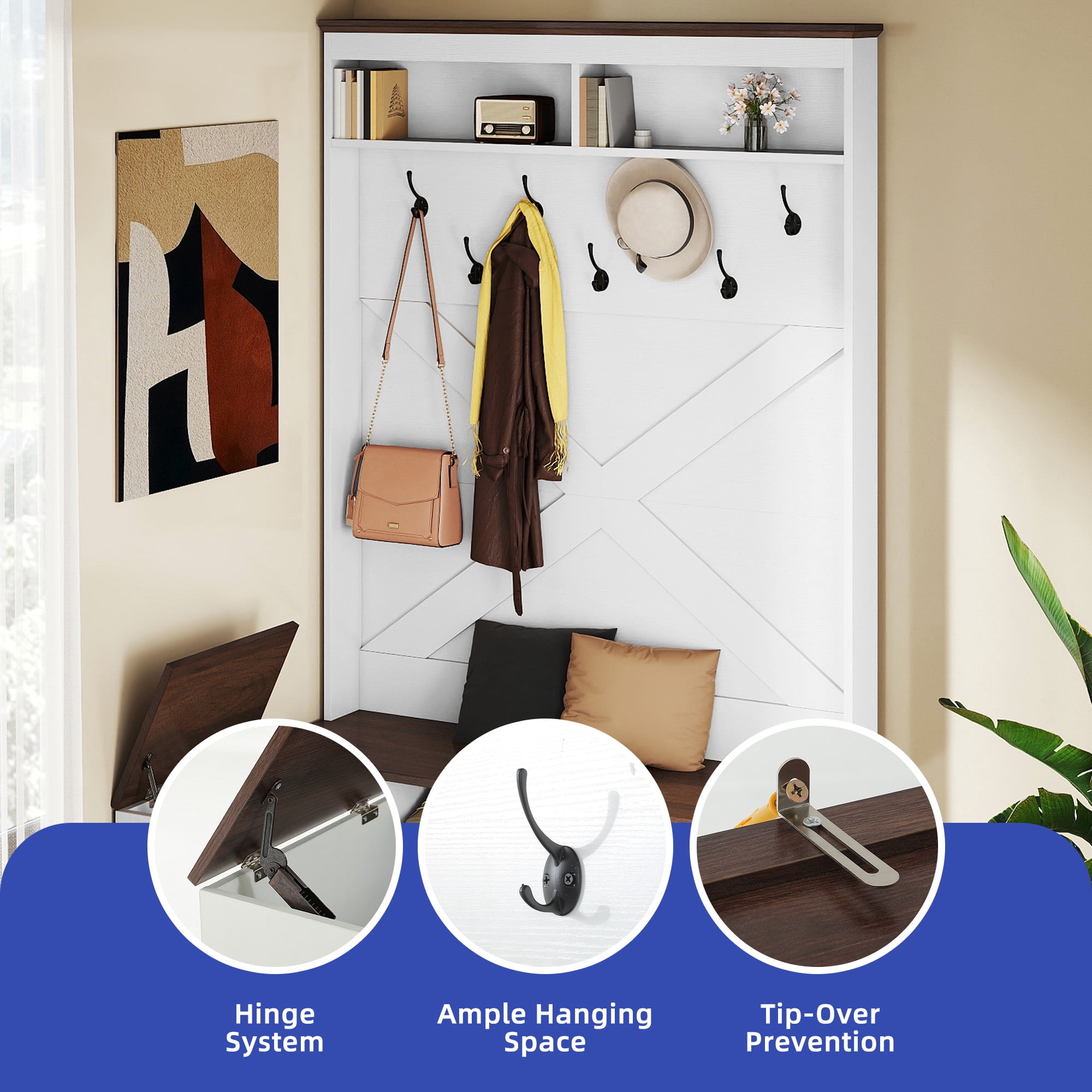ModFusion White & Walnut L-Shaped Corner Entryway Hall Tree with Hooks, Flip-Top Storage, and Shoe Bench