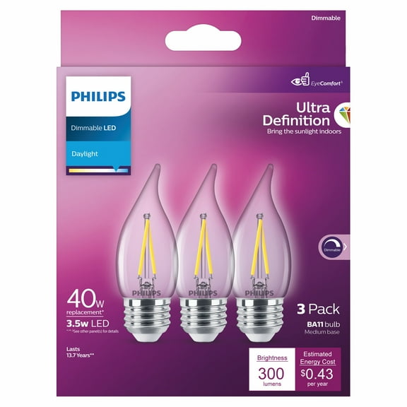 Philips Ultra Definition LED 40-Watt BA11 Filament Candle Light Bulb, Clear Daylight, Dimmable, E26 Medium Base (3-Pack)
