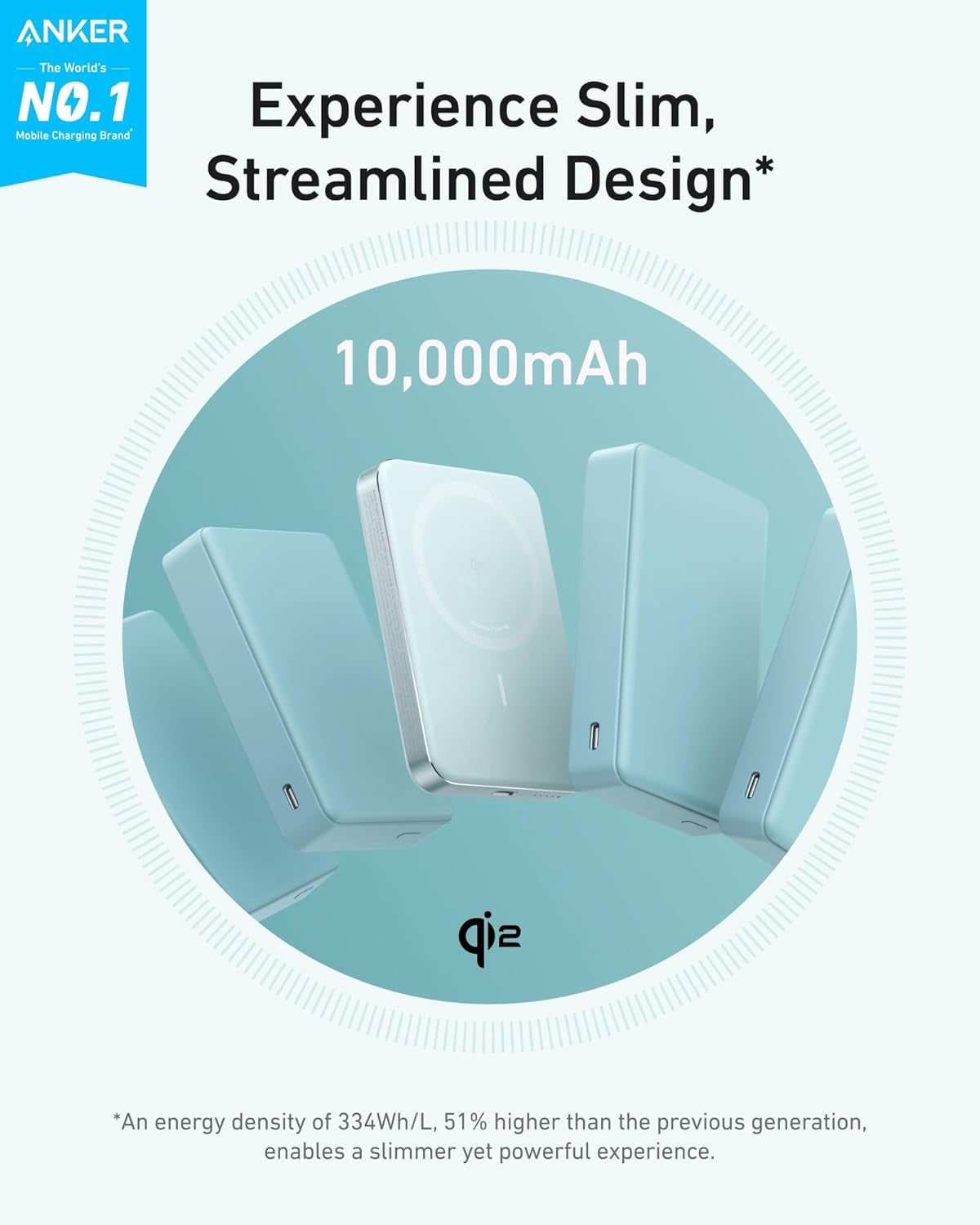 Anker Ultra-Slim 10,000mAh Magnetic Battery Pack, MagGo Power Bank, Qi2 Certified 15W Ultra-Fast MagSafe Compatible Portable Charger, Ergonomic Design