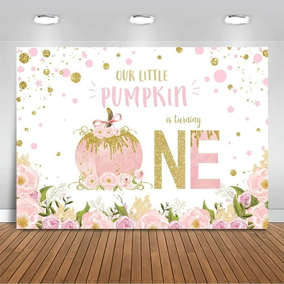 Pumpkin 1st Birthday Backdrop for Girl Floral Litttle Pumpkin First Birthday Background Pink and Gold Dots Fall Autumn Pumpkin Birthday Baby Shower Party Decorations Banner Photo Booth Props