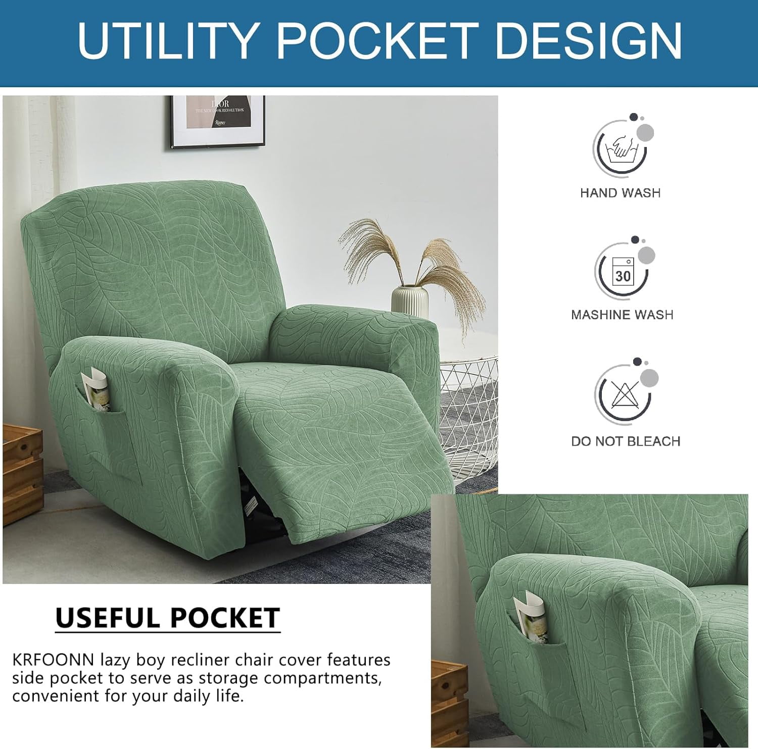 CHUNTIAN Stretch Recliner Slipcovers Printed Sofa Cover 4-Piece Fallon Collection Slipcover Lazy Boy Chair Covers Furniture Protector Recliner Chair Cover with Storage Pocket for Living Room, A2