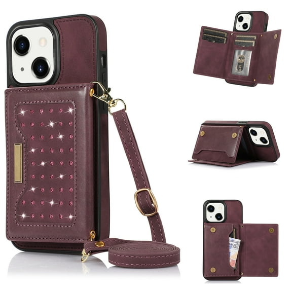 ELEHOLD Stylish Wallet Case for iPhone 14 Plus Flip Card Slots Diamond Bling Sparkle Design RFID Blocking Detachable Shoulder Strap for Girls Women Purse Case 6.7 inch,Winered