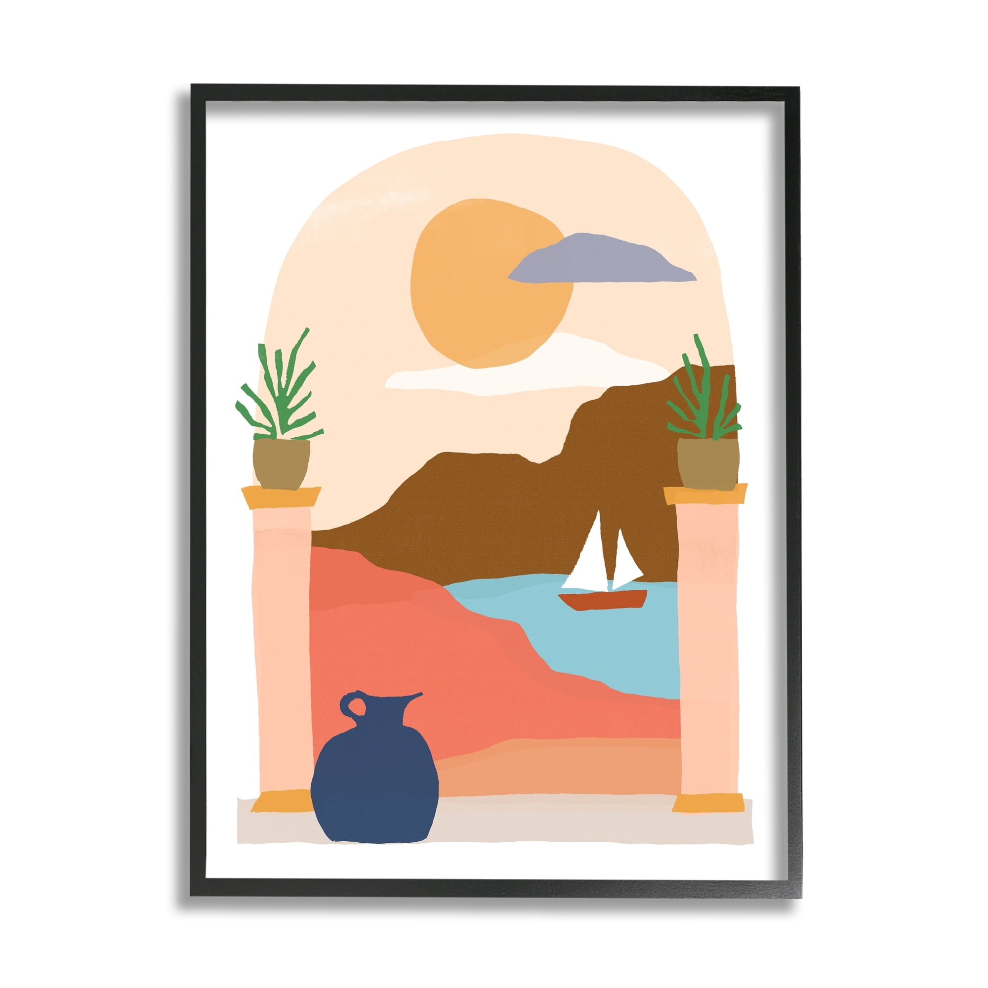 Stupell Industries Calm Distant Sailboat Arch Shaped Landscape Scene Graphic Art Gray Framed Art Print Wall Art, Design by June Erica Vess