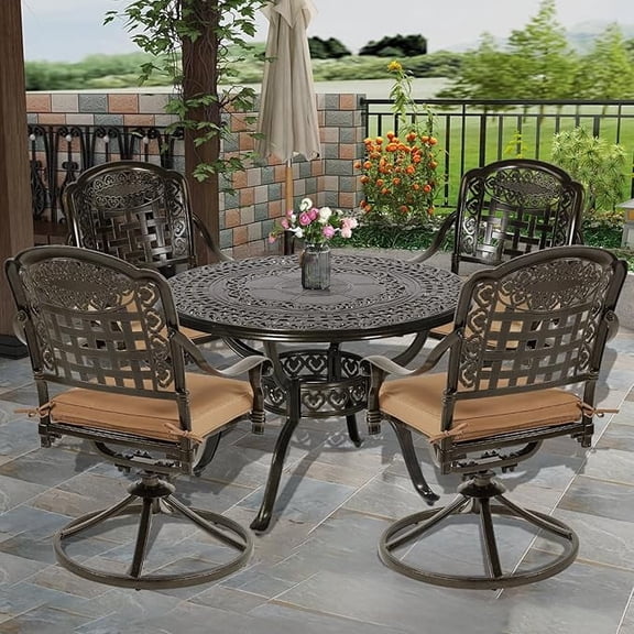SOCIALCOMFY 5-Piece Outdoor Patio Dining Set, All-Weather Cast Aluminum Patio Table Set, Include 4 Swivel Chairs and a 38.5 inch Round Table w/Umbrella Hole for Balcony Garden Backyard, Khaki