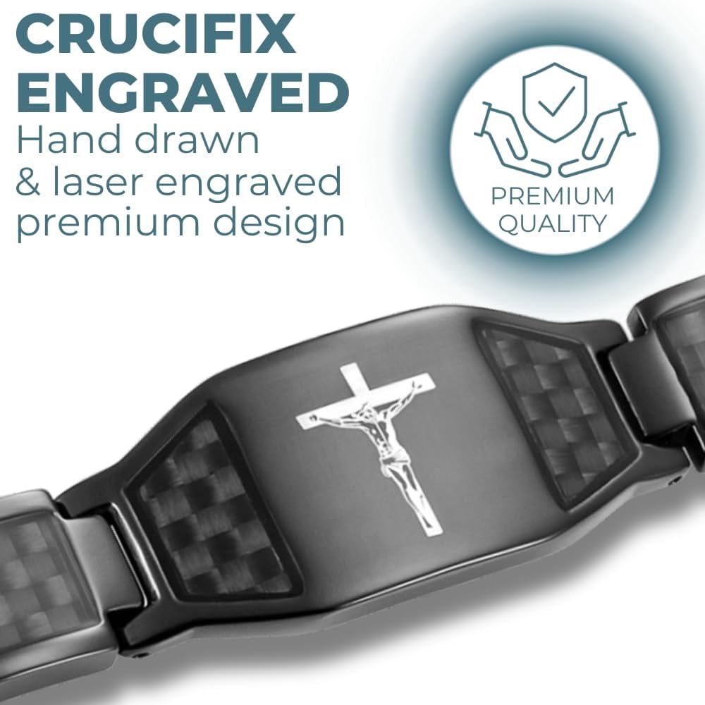 Wollet Magnetic Stainless Steel Black Carbon Fiber Bracelet For Men With Crucifix Christian Gift