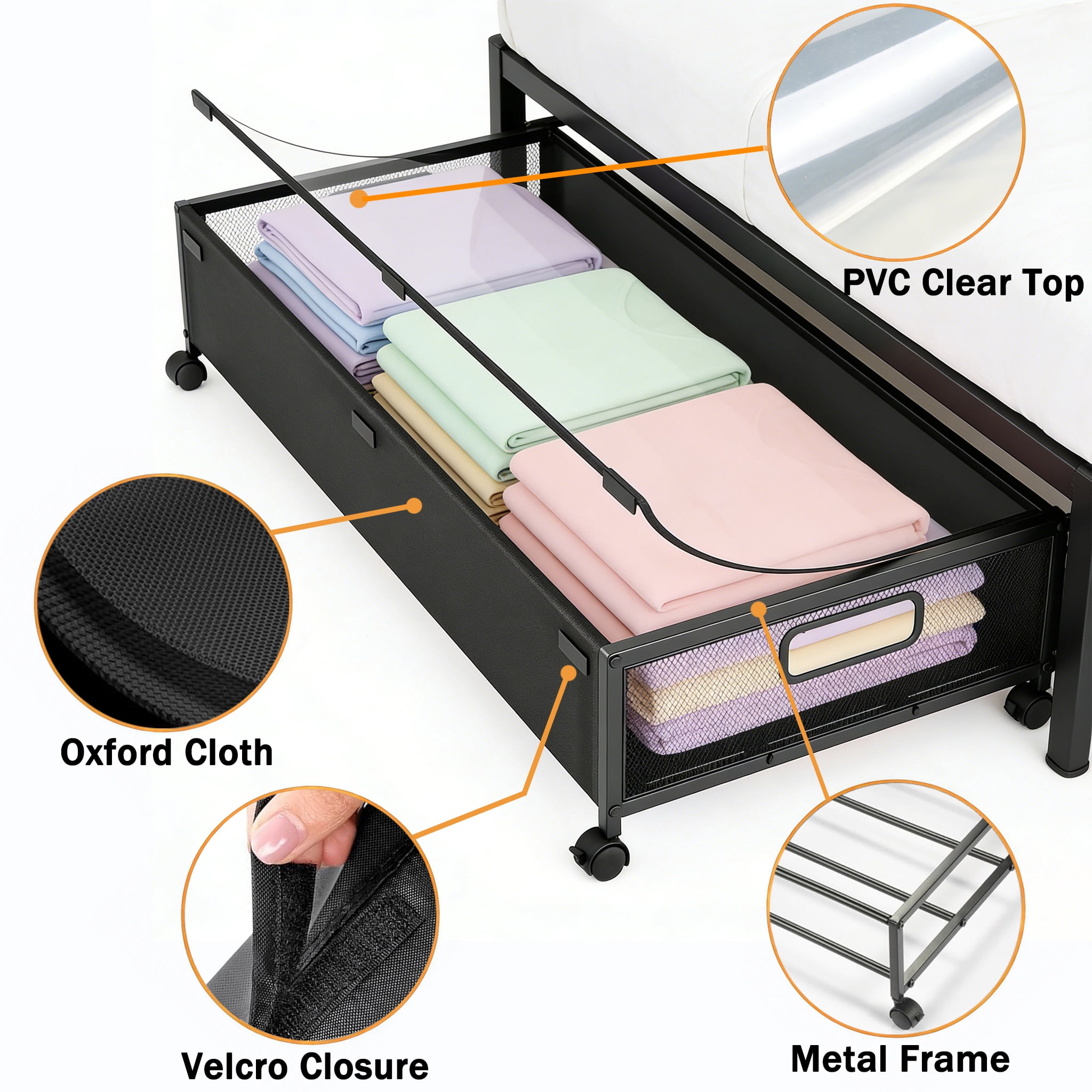 GARITIN Under Bed Storage Containers with Wheels, 2 Pack Underbed Shoe Storage Organizer with Clear Lids, Rolling Under Bed Metal Drawers for Clothes, Blankets, Black
