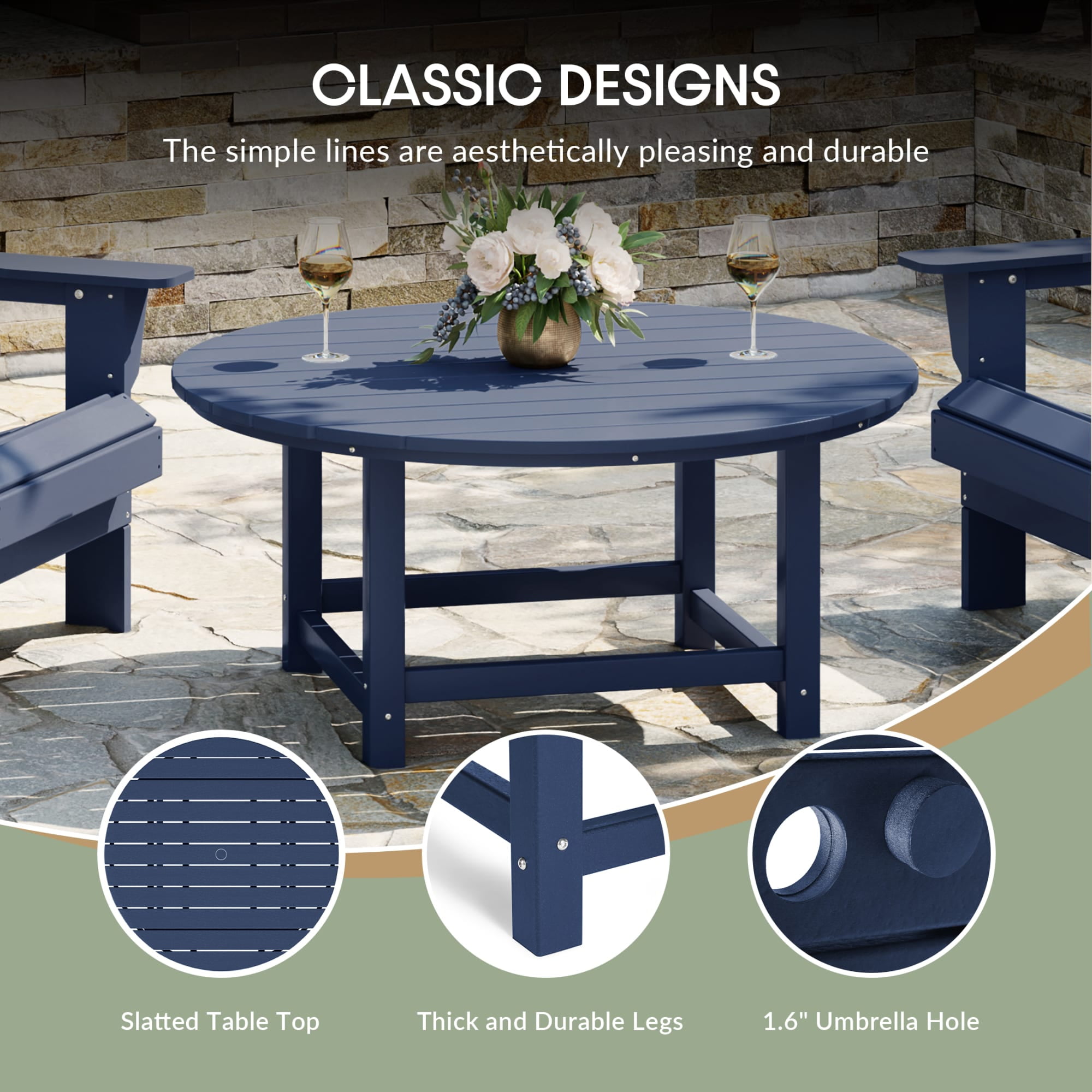 WestinTrends Malibu Low Outdoor HDPE Round Patio Coffee Table, Navy Blue