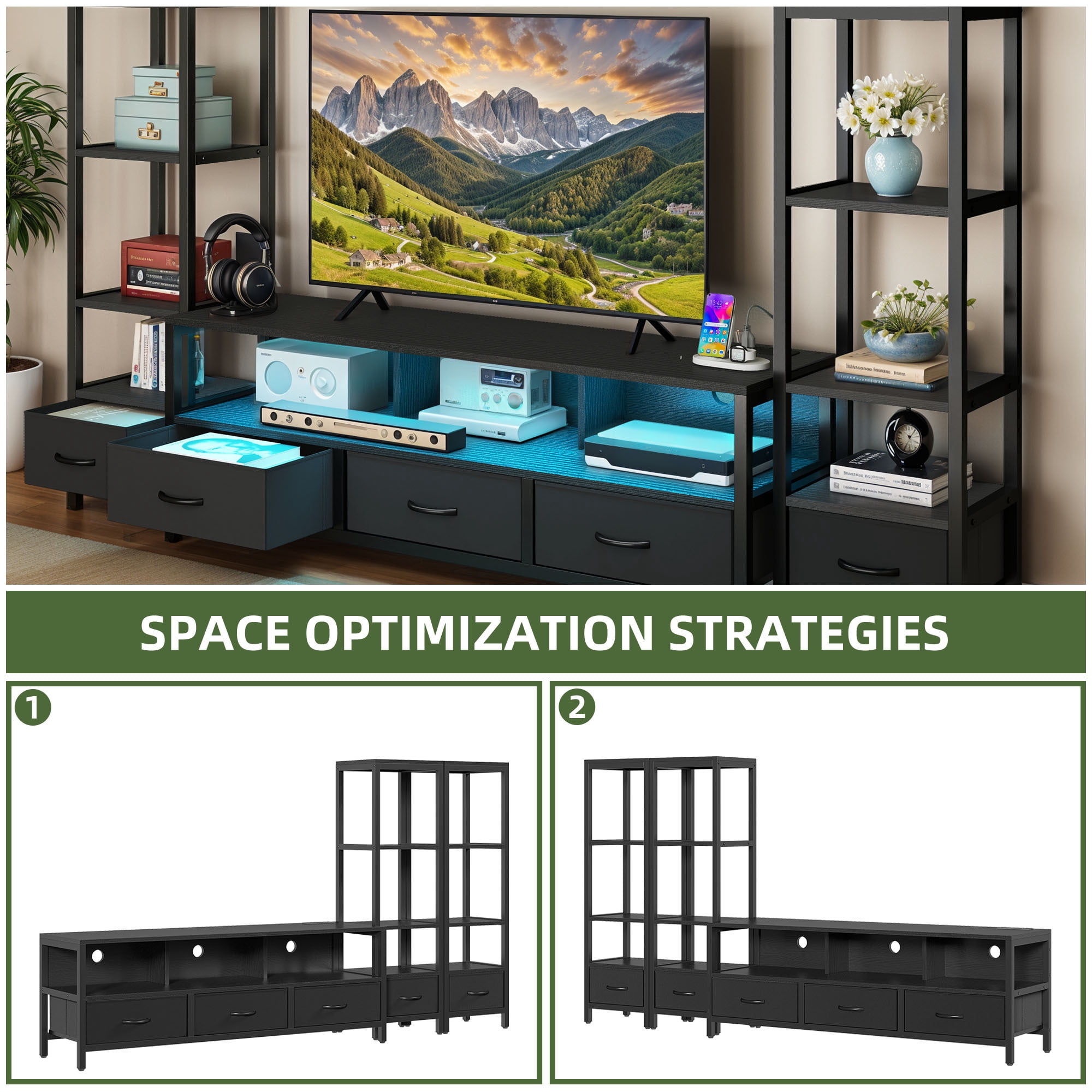 Uforic Modern Rustic Wood Metal Frame TV Stand with Remote Control LED Lights, USB Ports, Multi-Layer Storage Shelves & Fabric Drawers for Home Living Room, Black