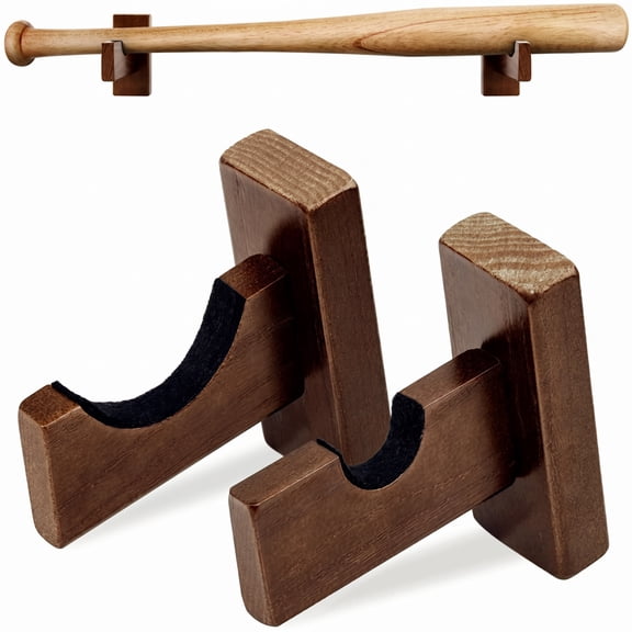 Baseball Bat Wall Mount Display Holder, Solid Bracket with Protective Felt Liner and Hidden Screws for Baseball and Softball Bats, 2 Pack, Walnut Brown