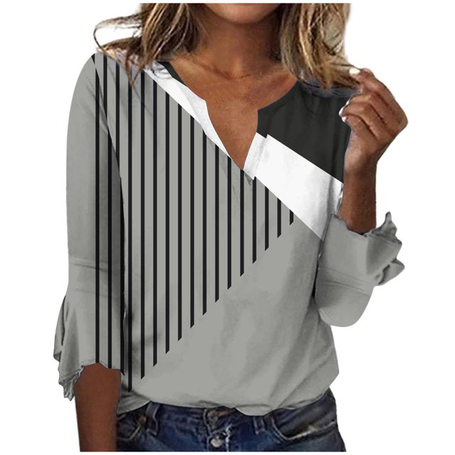 ICHUANYI Clearance Fashion Woman V Neck Three Quarter 3/4Sleeve T Shirt AutumnBlouse Tops Sweatshirt(Gray, XL) ICHUANYI WER2023081204293