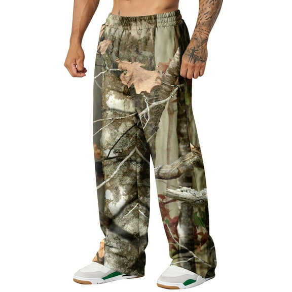 Havenx Mens Sweatpants Camo Graphic Pants Wide Leg Elastic Waist Streetwear with Pockets Casual Fashion Y2k Loose Fit Joggers Open Bottom Outfits,Deep Green S