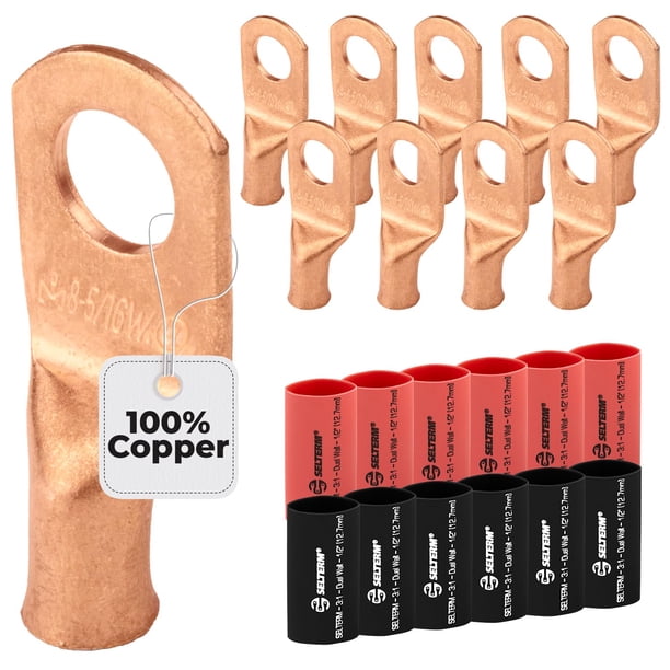 SELTERM 10 piezas - 8 Awg 5/16"" Stud (ancho) - Terminales de batería - Conectores de terminales de anillo con 12 tubos termocontraíbles 3:1 negro y rojo con extremos de cable de batería adhesivos res