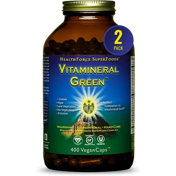 HealthForce SuperFoods Vitamineral Green - Mineral Supplement for Immune & Thyroid Support - Green Powder Supplement with Ingredients from the Land - Gluten-Free & Vegan - 400 Capsules (Pack of 2)