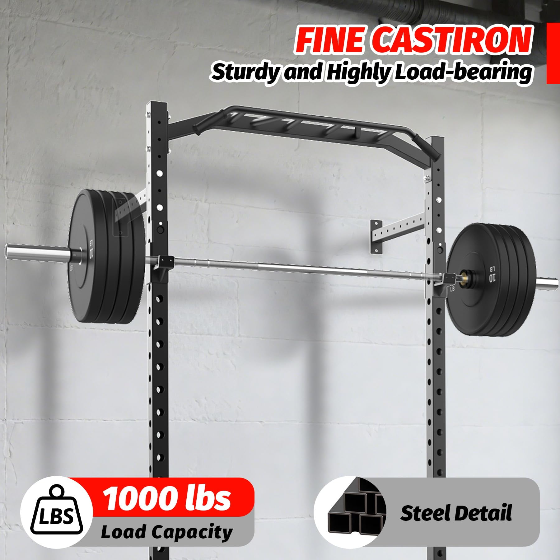Ataucjin Wall Mounted Power Rack,Multi-Function Power Cage for Strength Training,1600LB Commercial Squat Rack for Home Gym with Multi-Grip Pull Up Bar,J-Cups & Landmine Attachment for Home and Garage