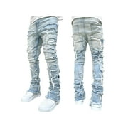 Mens Regular Fit Stacked Jeans Patch Distressed Destroyed Straight Denim Pants Streetwear Clothes