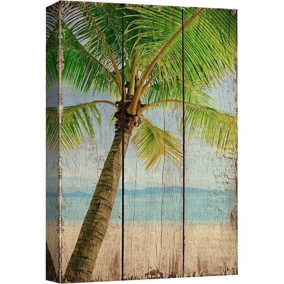 Canvas Print Wall Art Tropical Palm Tree Island on Wood Panels Nature Wilderness Digital Art Realism Chic Colorful Multicolor Ultra for Living Room, Bedroom, Office - 12"x18"
