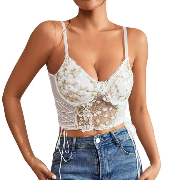 Playeras,Blusas y Tops,Ropa para Mujer Mujeres Tank Top Camiseta sin mangas corta sin mangas con chaleco pequeño de encaje de flores bordadas de diseño para mujer (White, L)