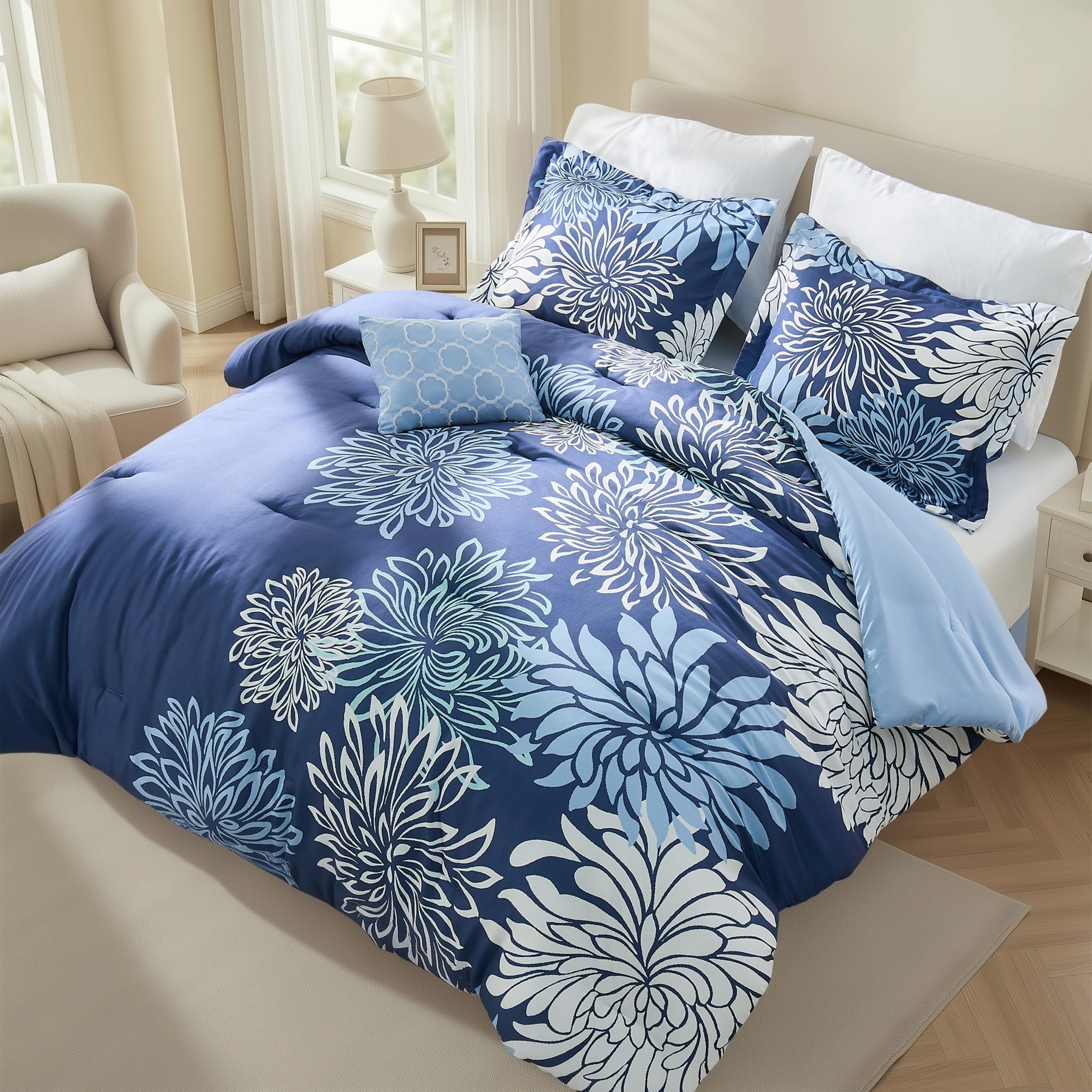 Regency Heights Queen Size Comforter Set, 5-Piece Floral Bedding Set for All Season, Blue Comforter Set Queen with Bed Skirt