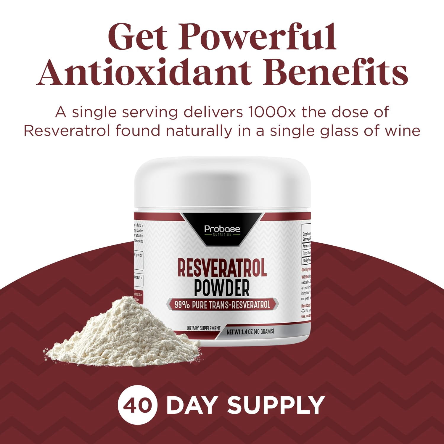 Probase Nutrition Trans Resveratrol Supplement, High Purity Resveratrol Powder for Age Support, 40-Day Supply, 40 Grams