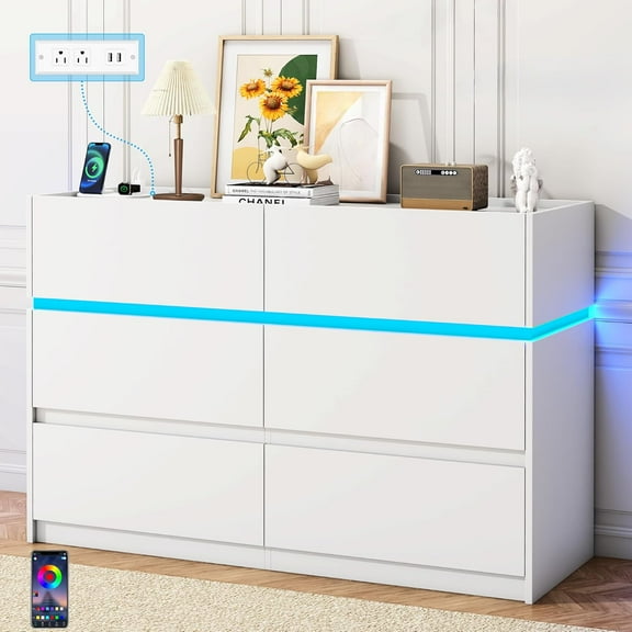 6 Drawer Dresser with Charging Station and LED Lights - Wide Double Chest of Drawers Organizer, Modern TV Stand Drawer Storage Cabinets for Bedroom, Living Room, Entryway, Hallway