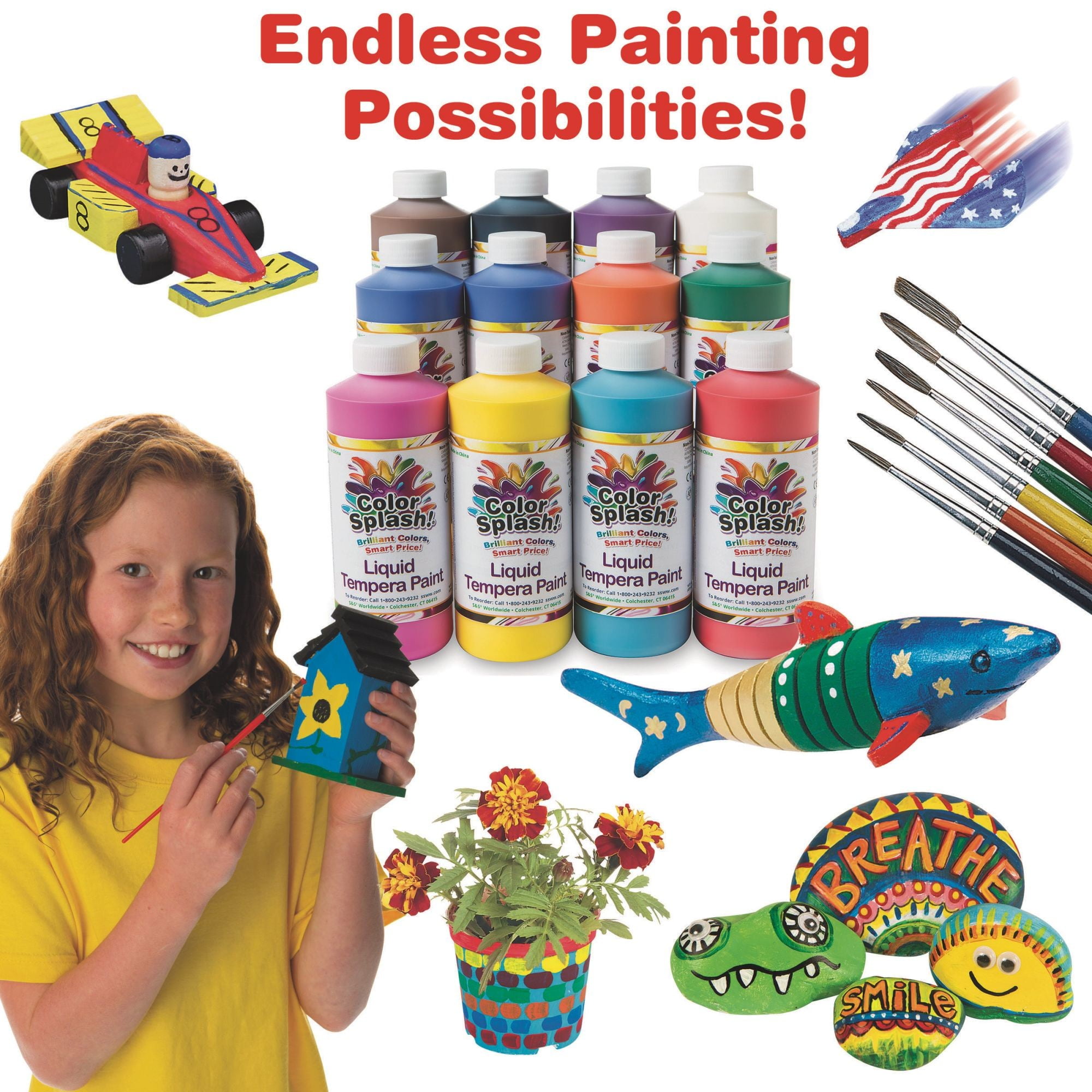 S&S Worldwide Color Splash! Liquid Tempera Bulk Paint, Set of 12 in 11 Bright Colors, 16-oz Easy-Pour Squeeze Bottles, For Arts & Crafts, School, Classroom, Poster Paint, For Kids & Adults, Non-Toxic