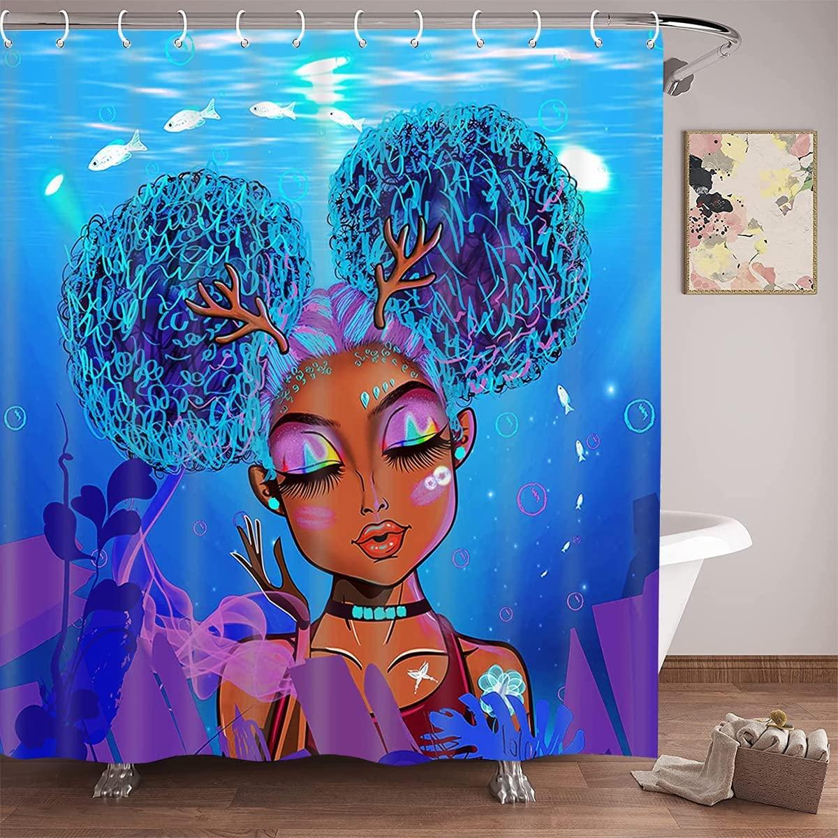Afro Girl Shower Curtains Blue Ocean Shower Curtain for Women and Girls