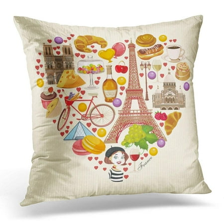 USART French Sightseeing of Paris and France Romantic Tourist in Vintage Cuisine Wine and Culture Heart Pillow Cover 16x16 Inches Throw Pillow Case Cushion