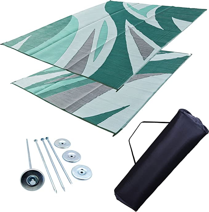 RV Patio Mat Awning Mat Outdoor Leisure Mat 9x12 Green Wave Complete