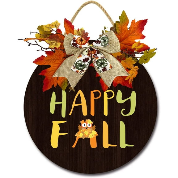 Eveokoki 12" Happy Fall Funny Signs for Front Door Farmhouse Porch Rustic Round Wooden Hanging Wreaths for Housewarming Gift Festival Maple Leaves Decoration Outdoor Indoor Wall Decor