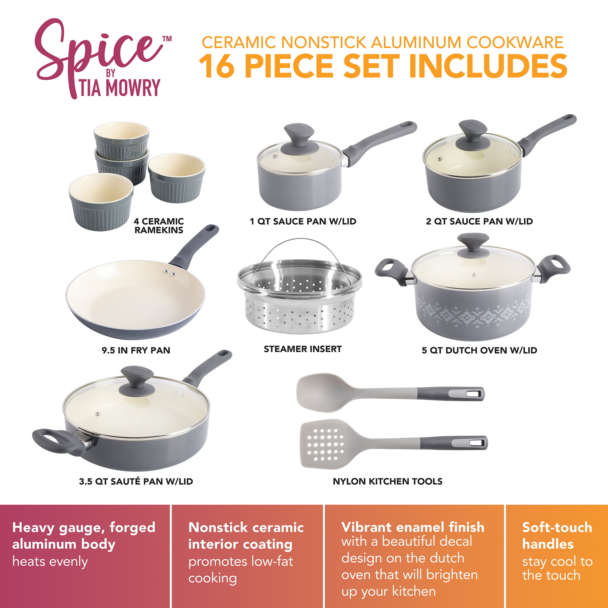 Spice by Tia Mowry Savory Saffron 16-Piece Healthy Nonstick Ceramic  Cookware Set - Teal
