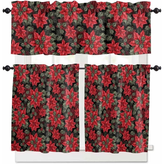 Christmas Black Kitchen Curtains and Valances Set, Rod Pocket Curtains Tier Farmhouse Window Curtains 24 Inch Length, Red Poinsettia Botanical Leaves Vintage 3 Piece Kitchen Curtains Set