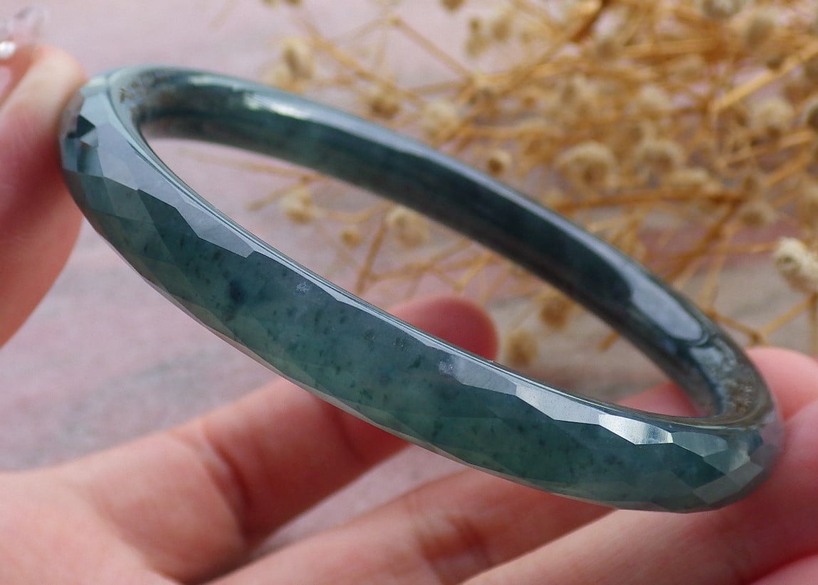 Green Natural A JADE Jadeite Dia Cut Circle Bangle Bracelet 58 mm 682679 TN