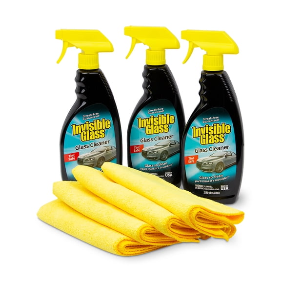 Invisible Glass 99608 Premium 3-Pack Glass Cleaner Spray for Auto and Home Streak Free Shine on Windows, Windshields, and Mirrors Residue and Ammonia Free Tint Safe and Four Microfiber Cloths