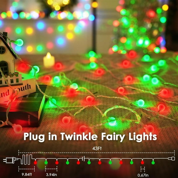 YUYAN-43FT 100LED Connectable Christmas String Lights Indoor Outdoor - Red and Green Fairy Lights Plug in with Remote & 8 Modes, Globe Twinkle Light for Christmas Decorations Bedroom Room Tree Party