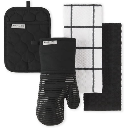 JJEAN-Quilted Cotton Terry Cloth Oven Mitt Pot Holder Kitchen Towel 4-Pack Set Heat Resistant Silicone Grip Gift Set Matte Black 16 x26 7 x13 & 7 x10